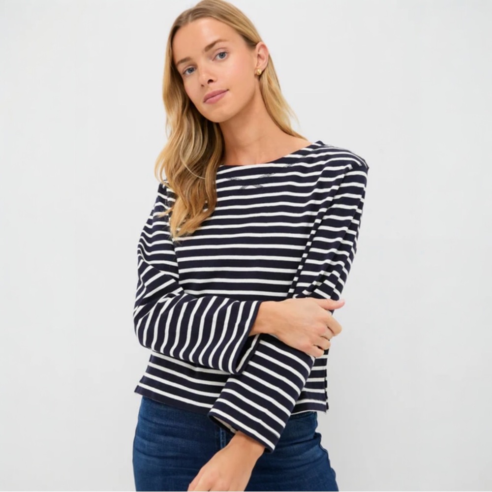 Alex Mill Boatneck Long Sleeve  Stripe Tee Navy White S Nautical Coastal Chic